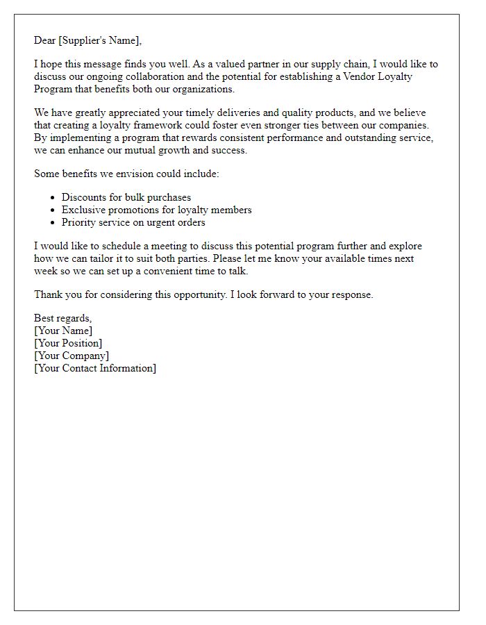 Letter template of vendor loyalty program negotiation for local suppliers.