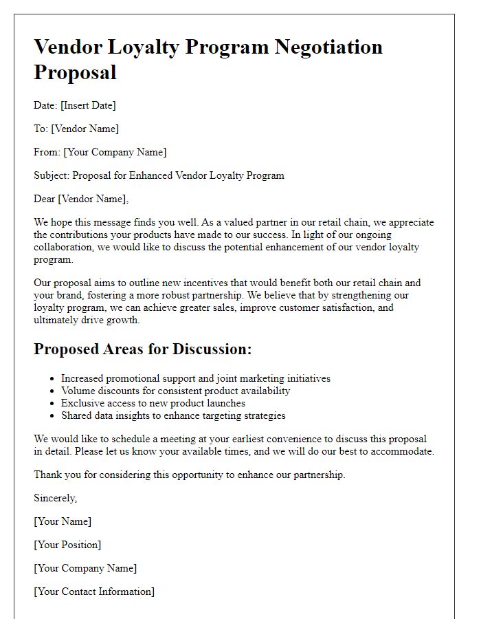 Letter template of vendor loyalty program negotiation for retail chains.