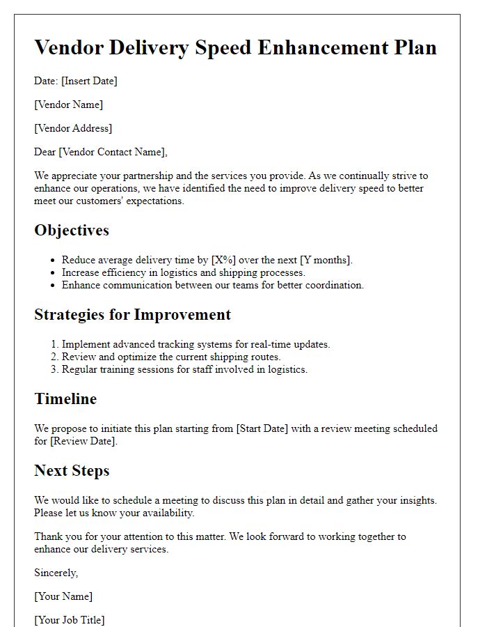 Letter template of vendor delivery speed enhancement plan.