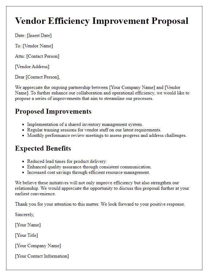 Letter template of vendor efficiency improvement proposal.