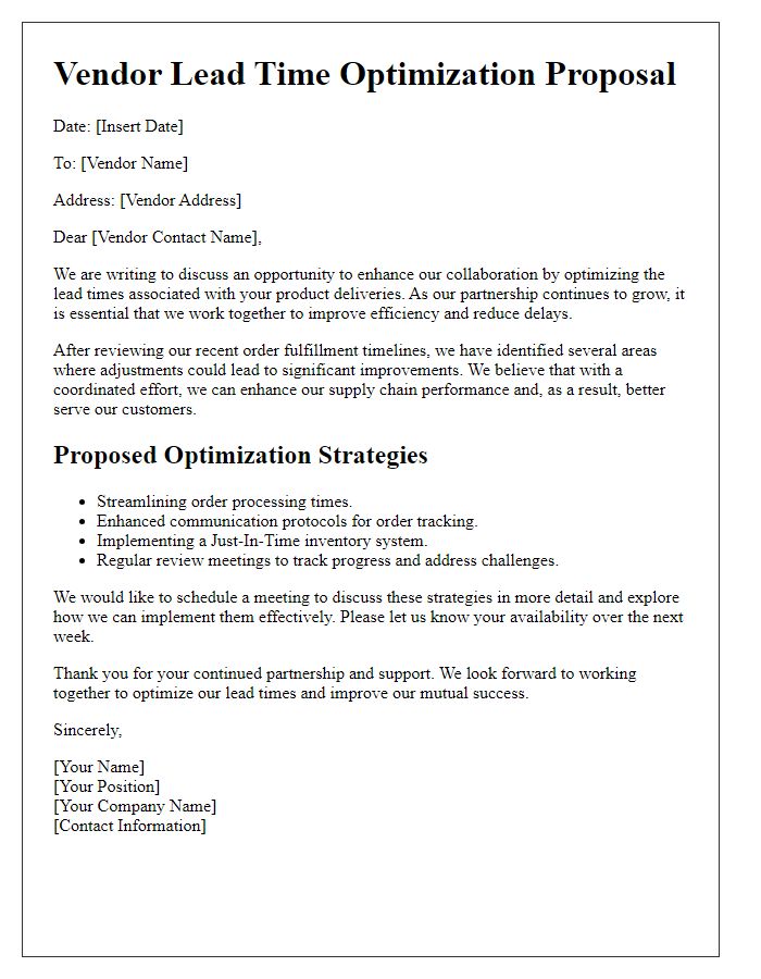 Letter template of vendor lead time optimization proposal.