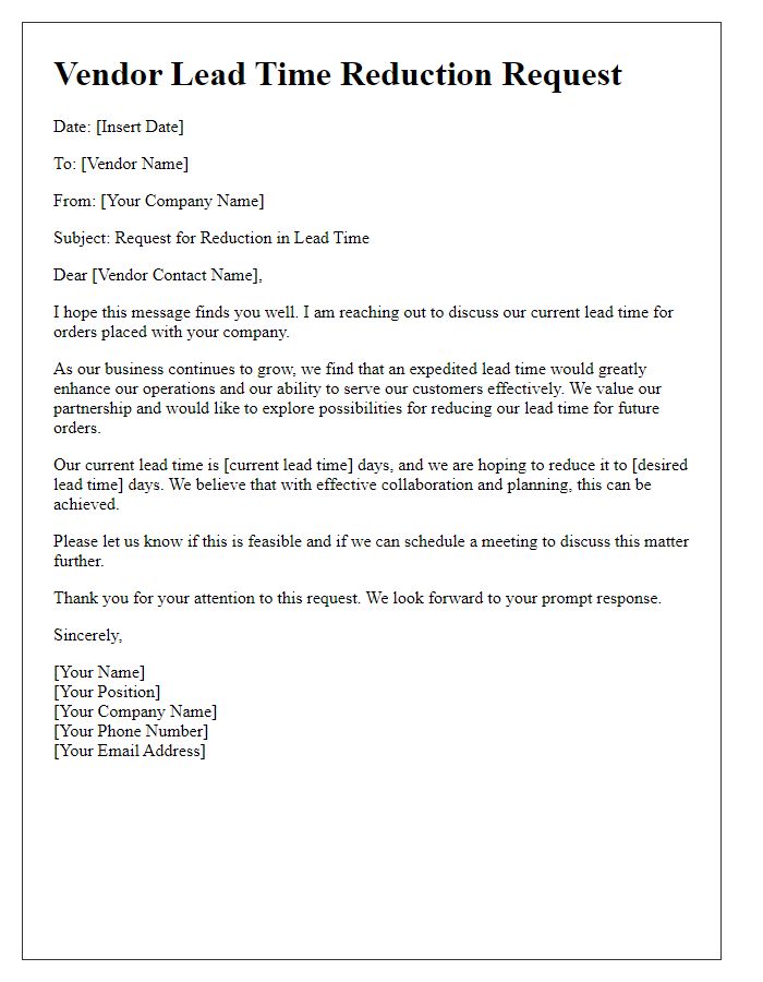 Letter template of vendor lead time reduction request.