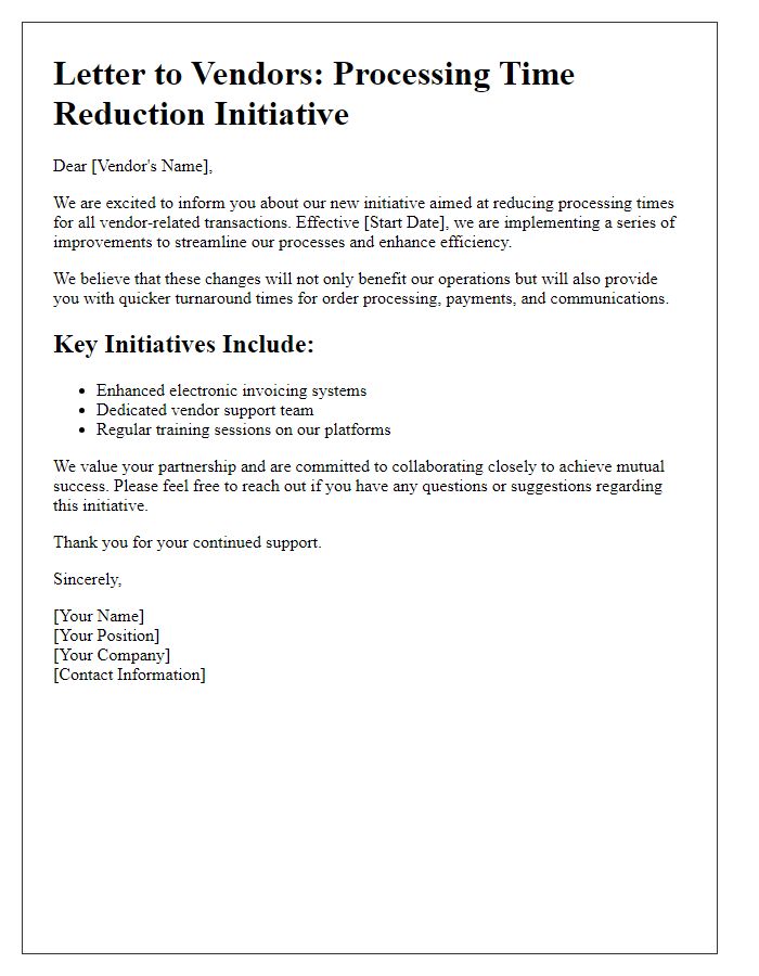 Letter template of vendor processing time reduction initiative.