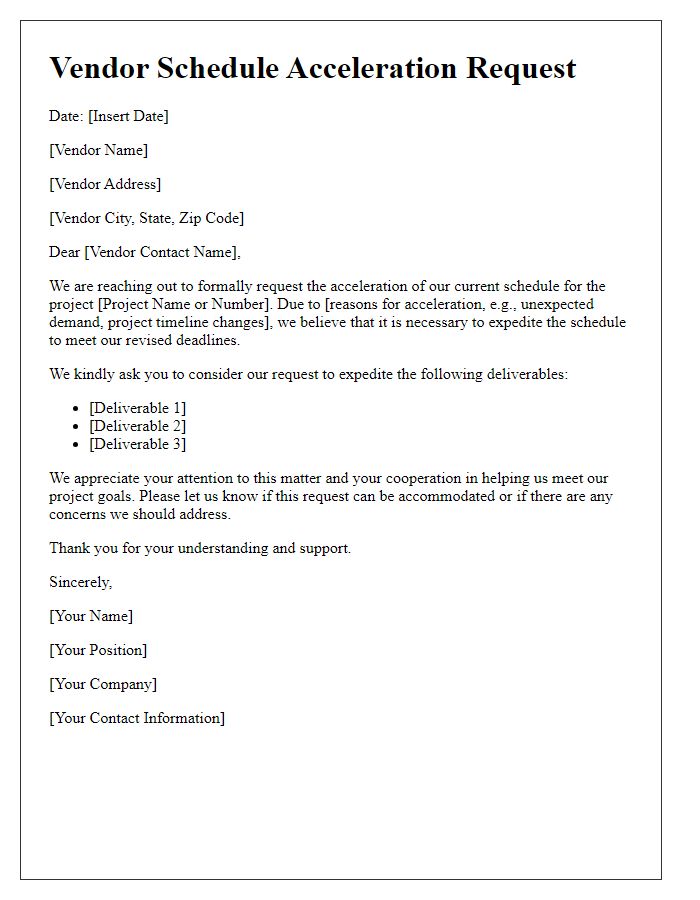 Letter template of vendor schedule acceleration request.