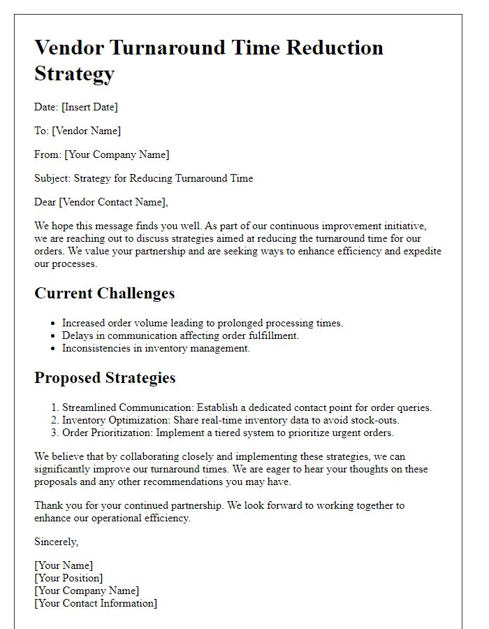 Letter template of vendor turnaround time reduction strategy.