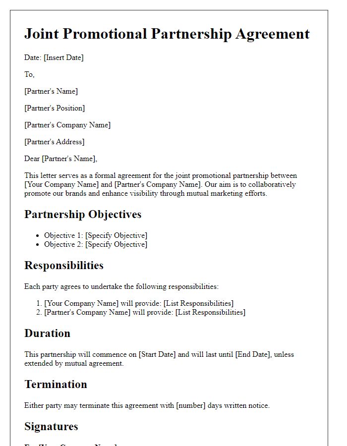 Letter template of joint promotional partnership agreement