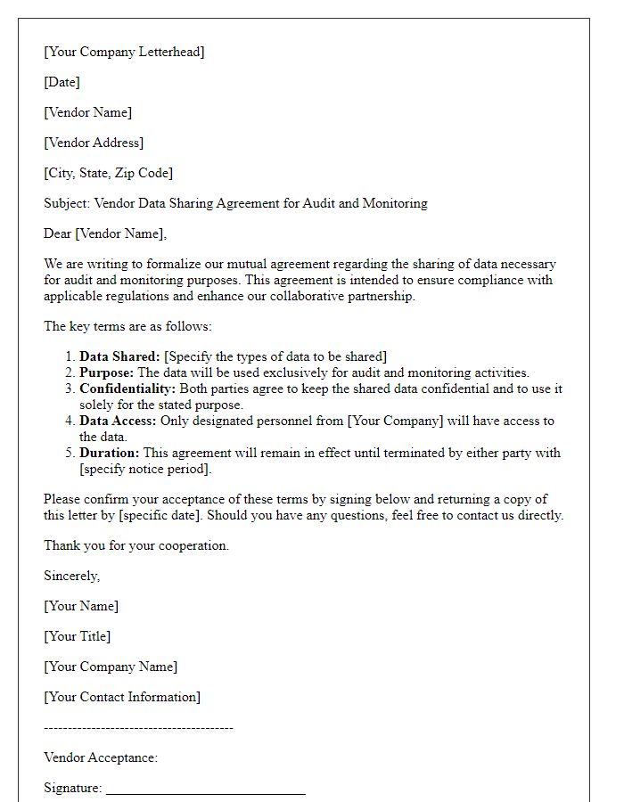 Letter template of vendor data sharing agreement for audit and monitoring.