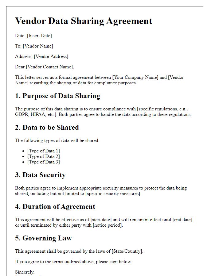 Letter template of vendor data sharing agreement for compliance purposes.