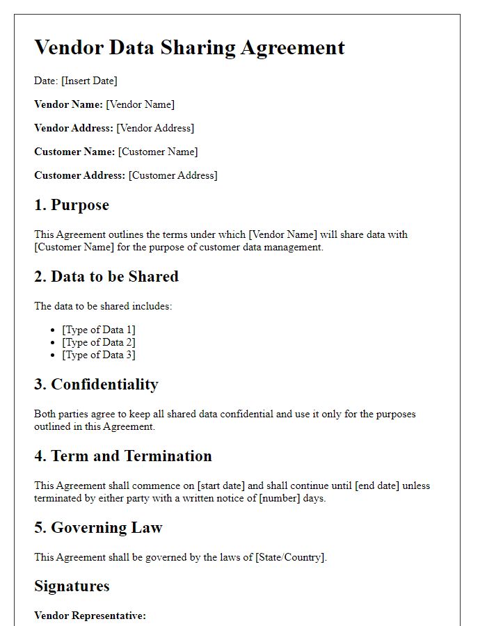 Letter template of vendor data sharing agreement for customer data management.