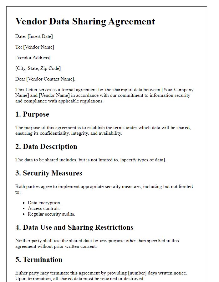 Letter template of vendor data sharing agreement for information security.