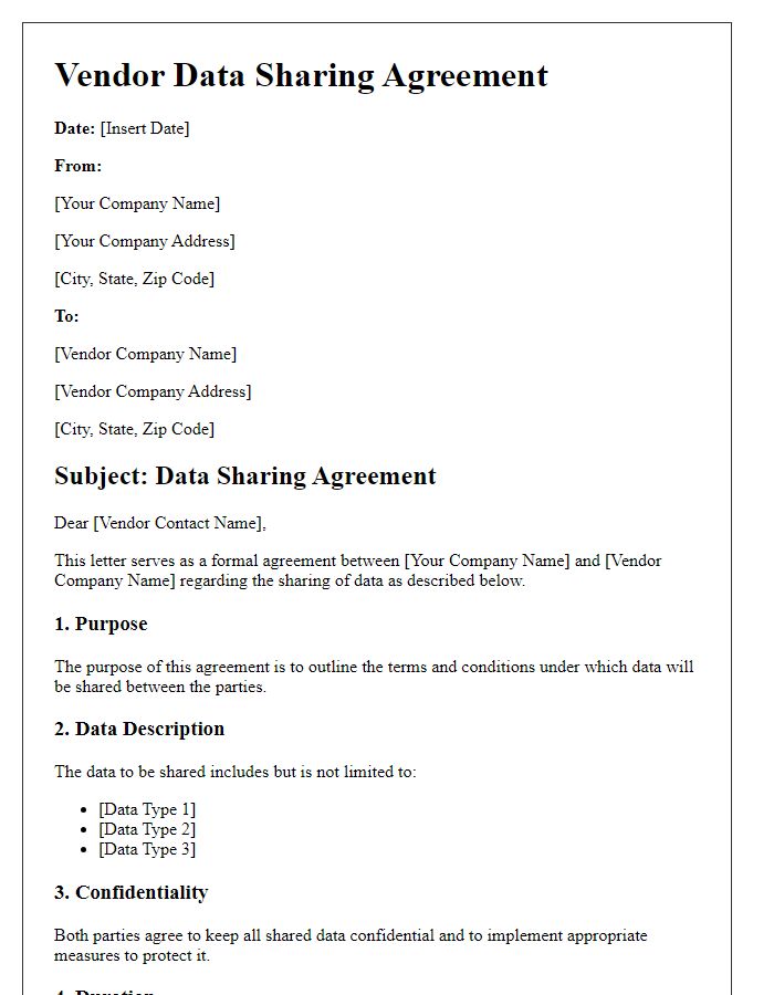 Letter template of vendor data sharing agreement for legal documentation.