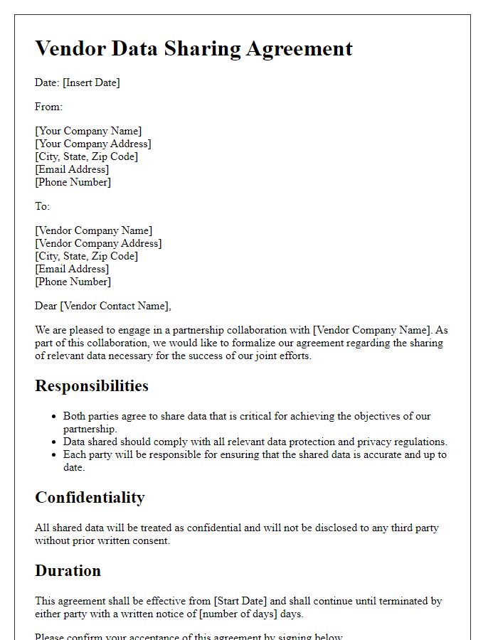 Letter template of vendor data sharing agreement for partnership collaboration.