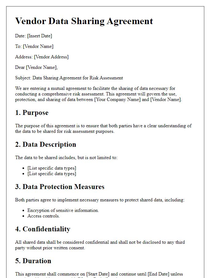 Letter template of vendor data sharing agreement for risk assessment.