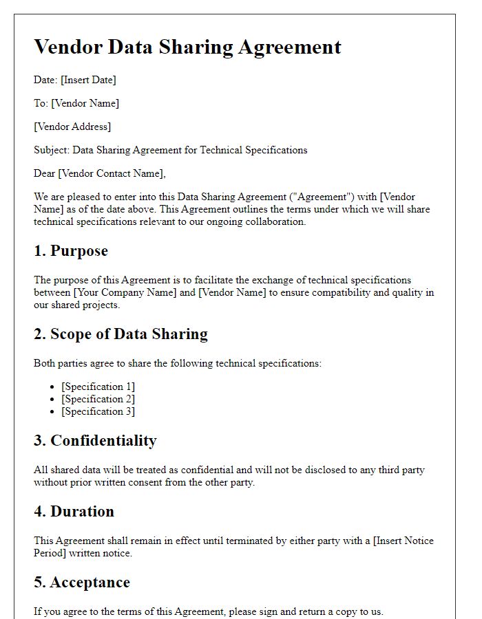 Letter template of vendor data sharing agreement for technical specifications.