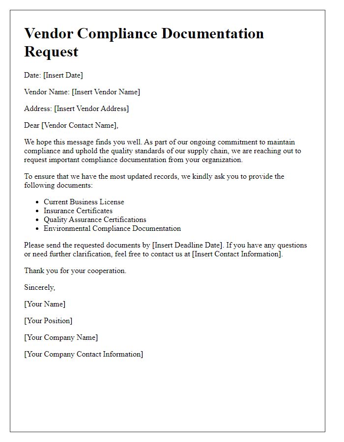 Letter template of vendor compliance documentation request