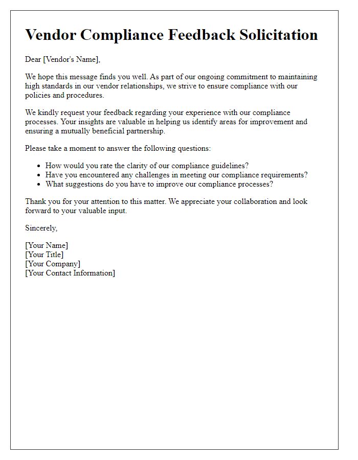 Letter template of vendor compliance feedback solicitation