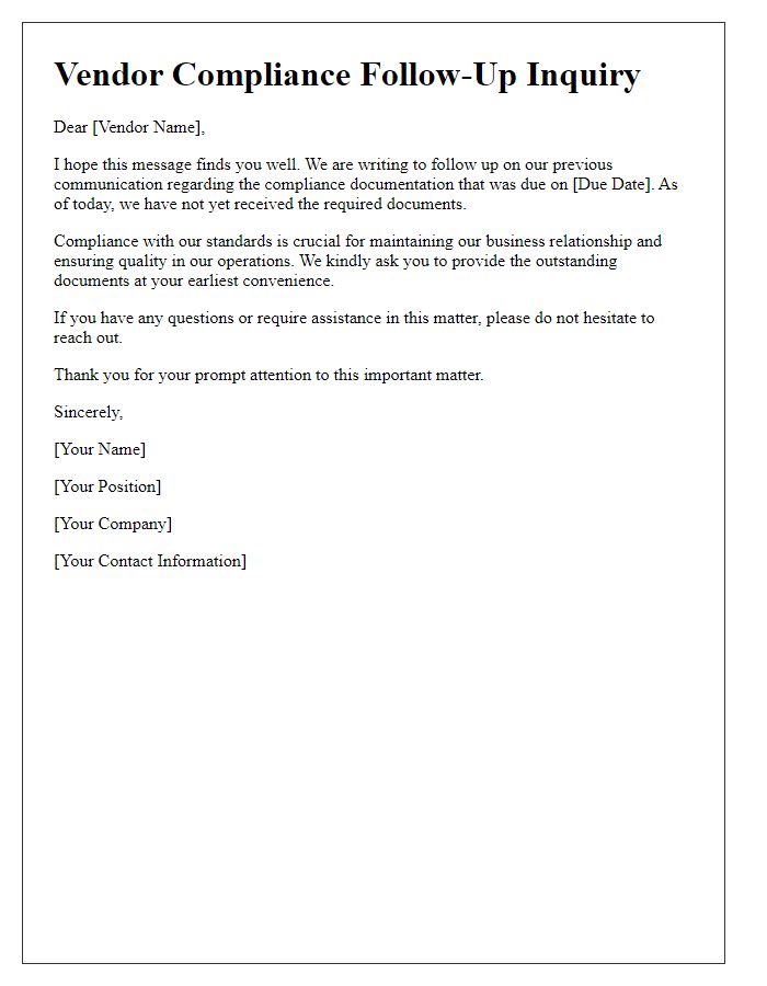 Letter template of vendor compliance follow-up inquiry