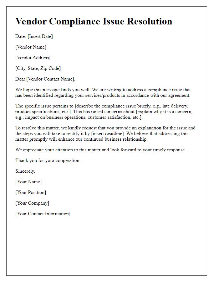 Letter template of vendor compliance issue resolution