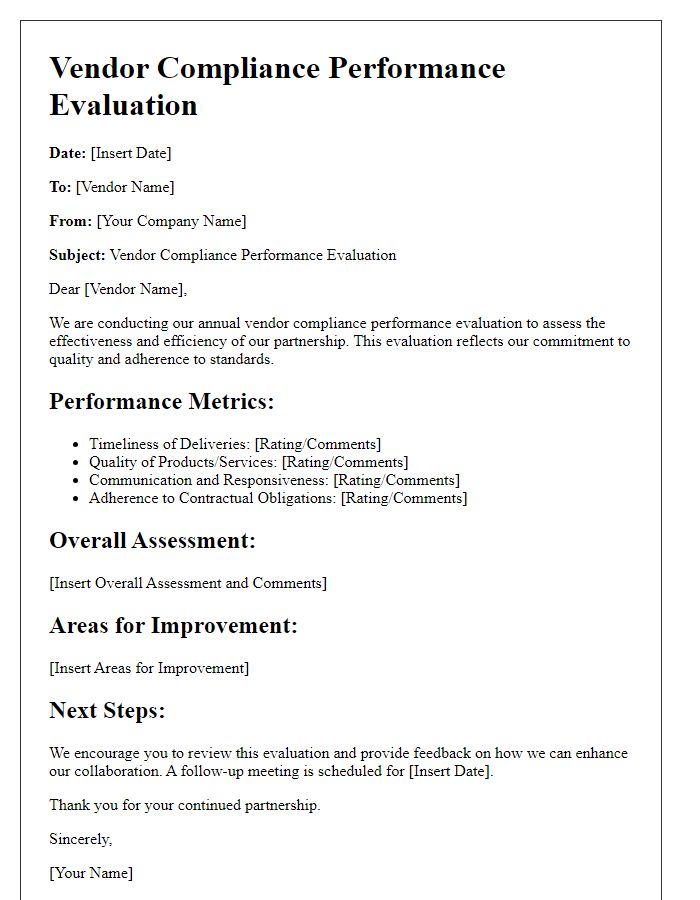 Letter template of vendor compliance performance evaluation