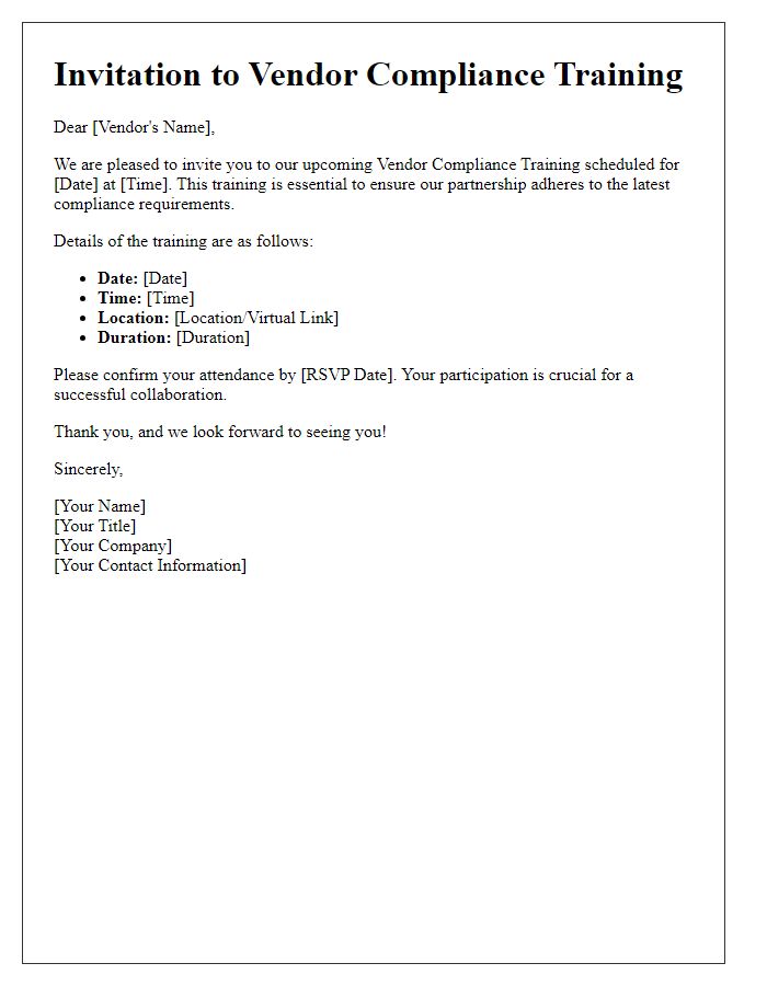 Letter template of vendor compliance training invitation