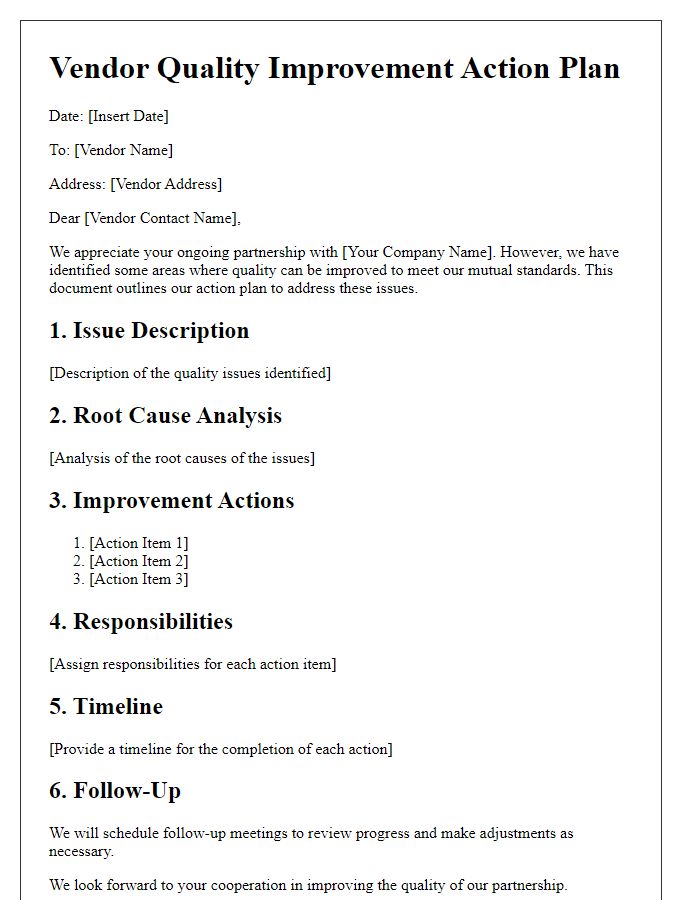 Letter template of Vendor Quality Improvement Action Plan