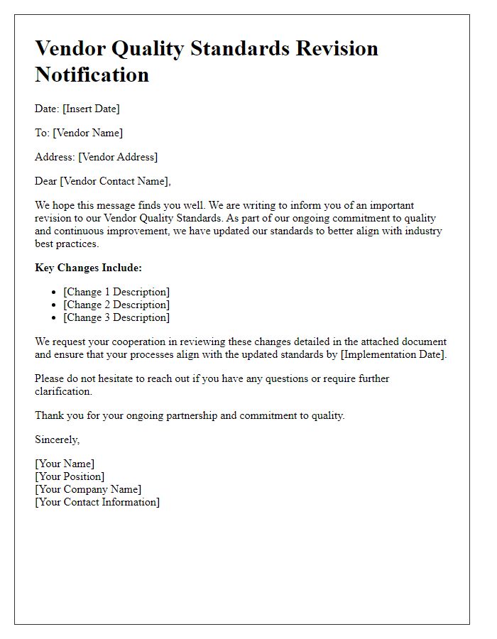 Letter template of Vendor Quality Standards Revision