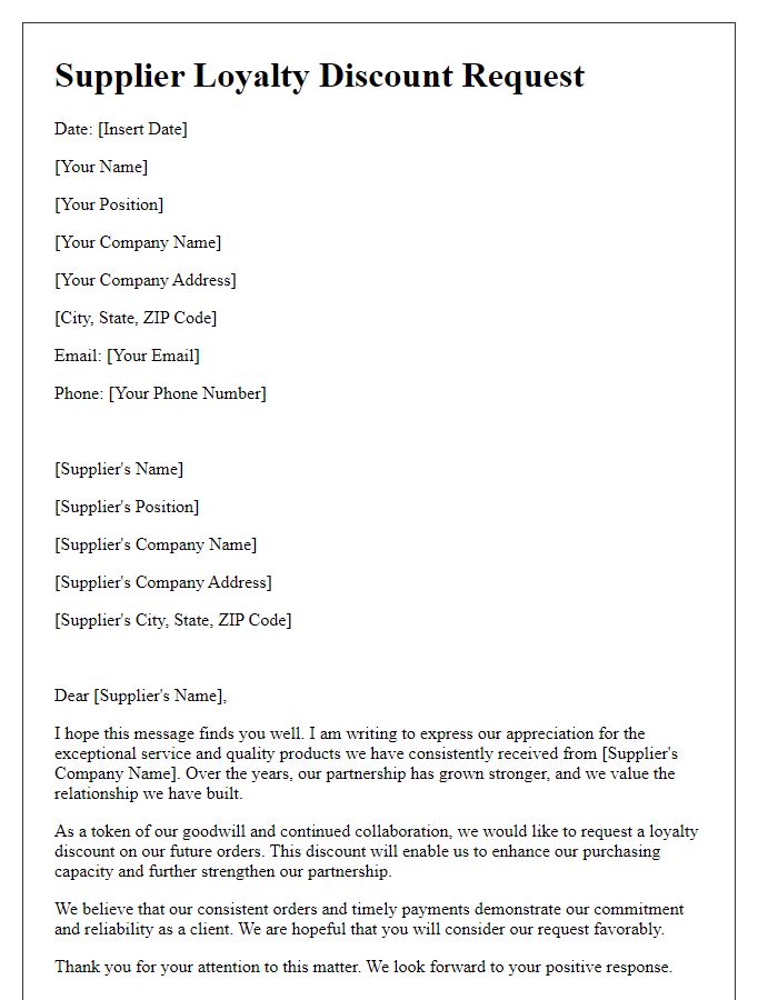 Letter template of Supplier Loyalty Discount Request for Consistent Clients