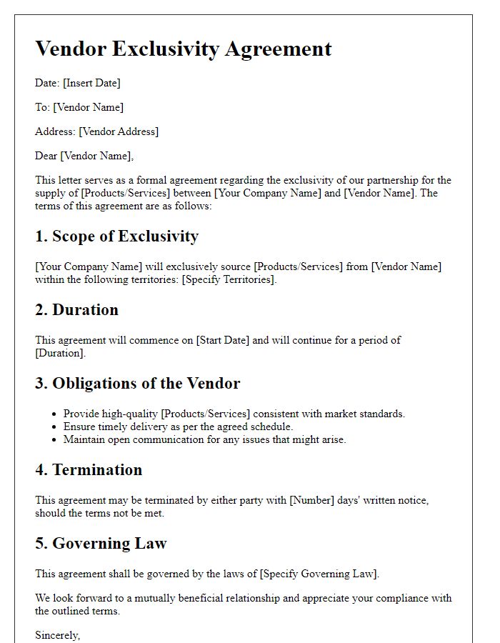 Letter template of vendor exclusivity agreement framework