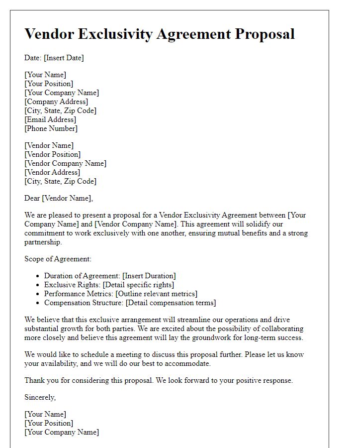 Letter template of vendor exclusivity agreement proposal