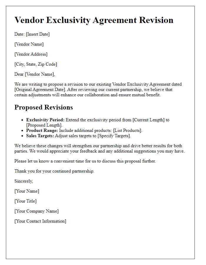 Letter template of vendor exclusivity agreement revision