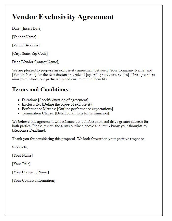 Letter template of vendor exclusivity agreement suggestion