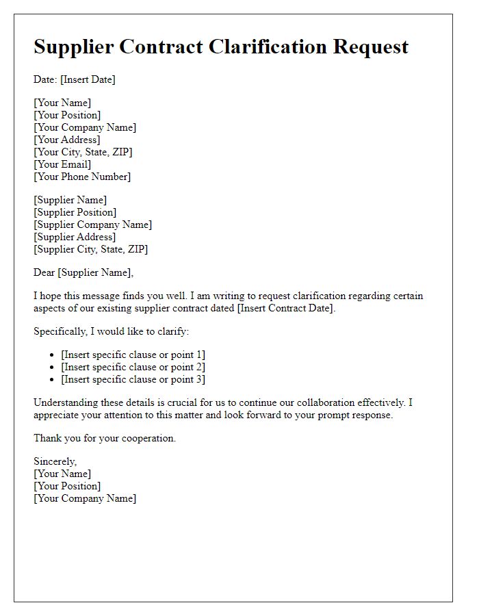 Letter template of supplier contract clarification request