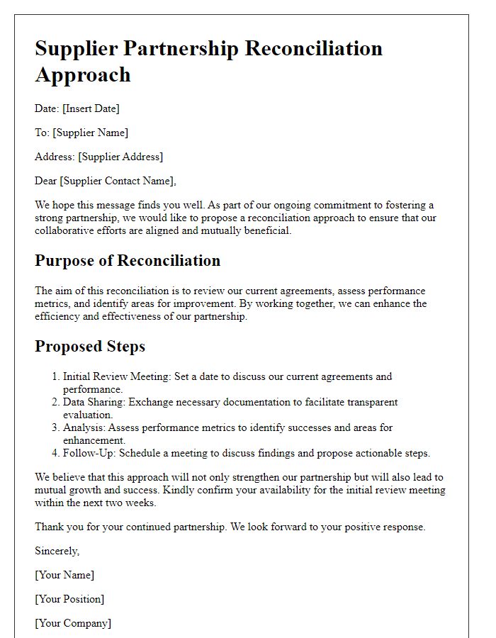 Letter template of supplier partnership reconciliation approach