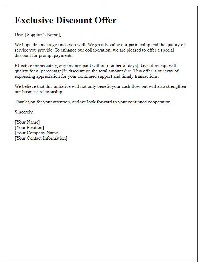 Letter template of discount offer for prompt supplier payments.