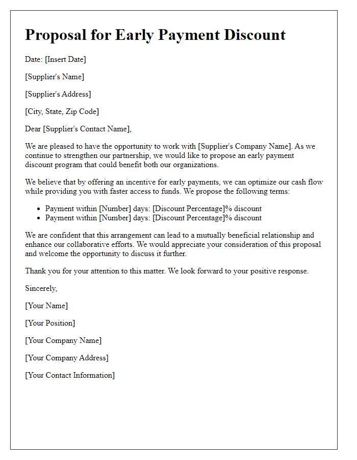 Letter template of proposal for early payment discount with suppliers.