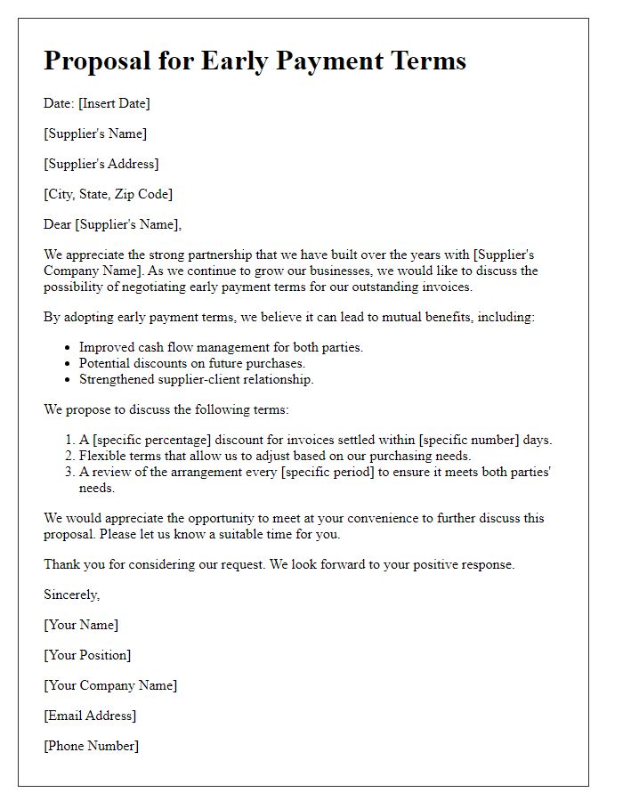 Letter template of proposal for negotiating early payment terms with suppliers.