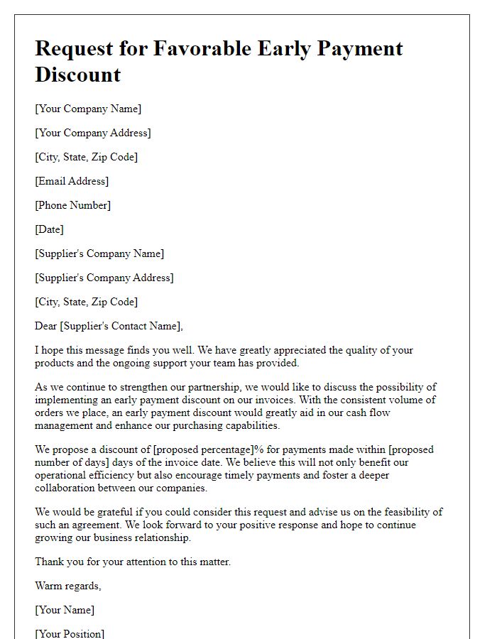 Letter template of request for favorable early payment discount from suppliers.