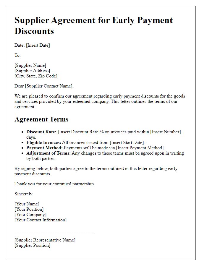 Letter template of supplier agreement on early payment discounts.