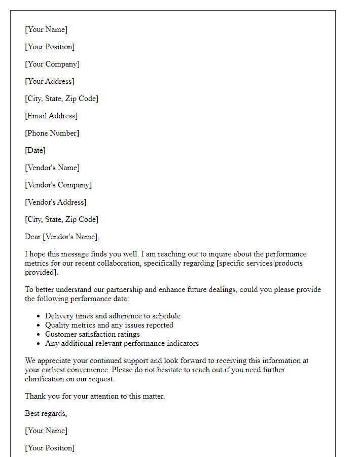 Letter template of inquiry for vendor performance metrics