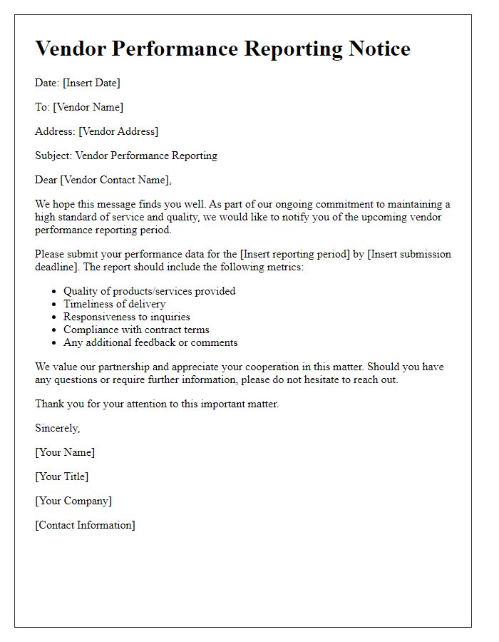 Letter template of notice for vendor performance reporting