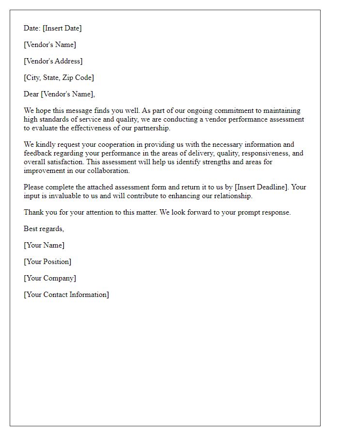 Letter template of request for vendor performance assessment