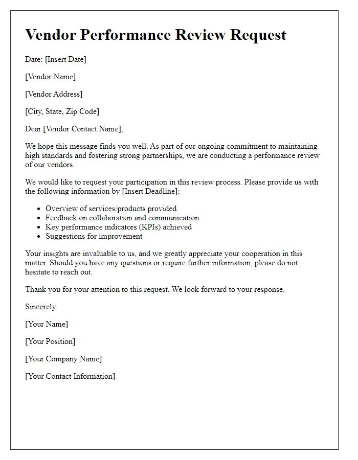 Letter template of request for vendor performance review