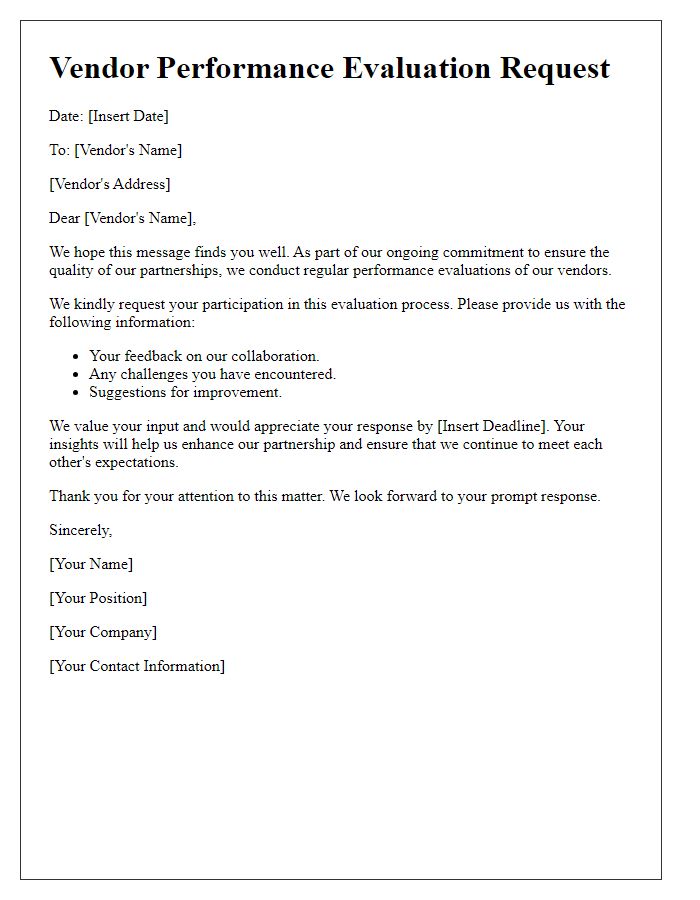 Letter template of vendor performance evaluation request