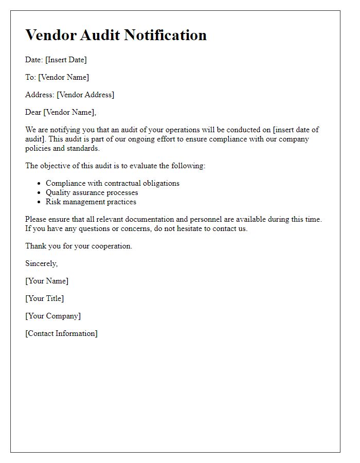 Letter template of vendor audit notification