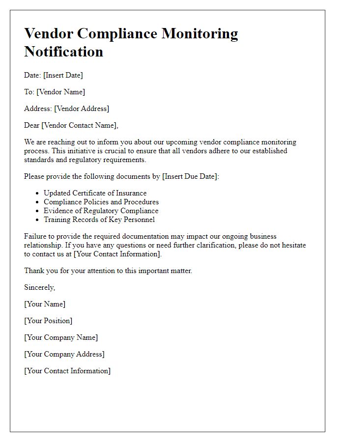 Letter template of vendor compliance monitoring