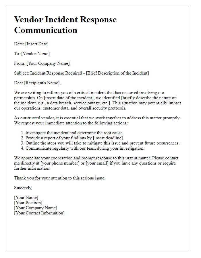 Letter template of vendor incident response communication