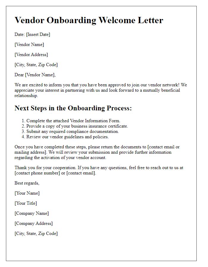 Letter template of vendor onboarding process