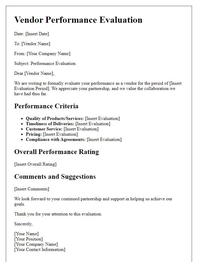 Letter template of vendor performance evaluation