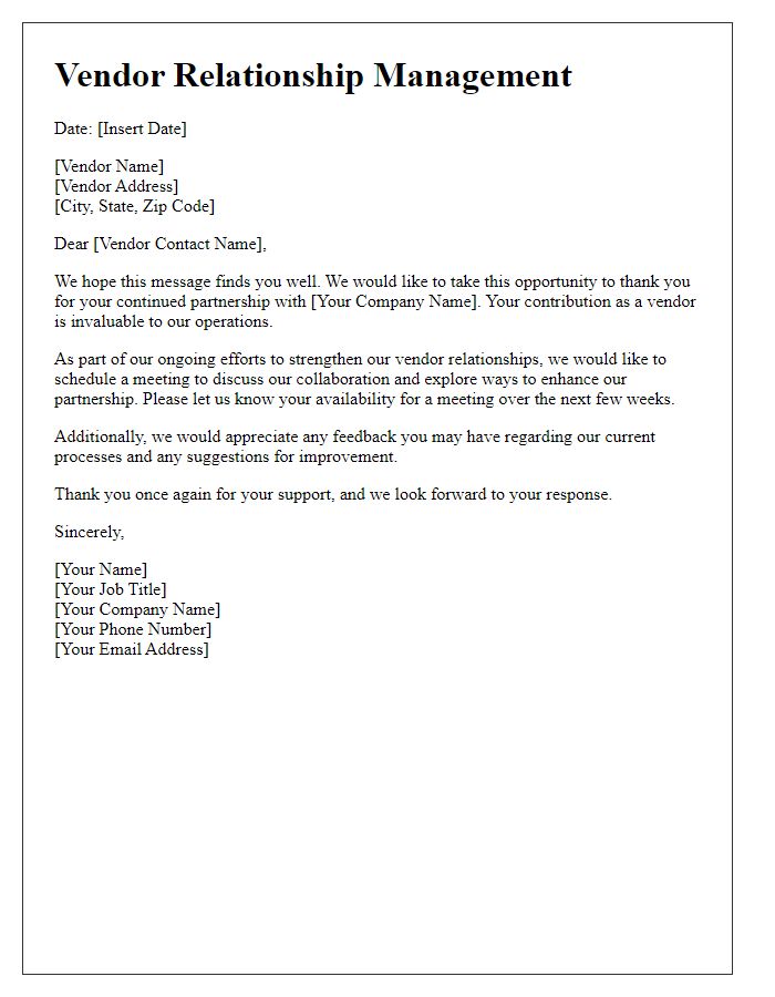 Letter template of vendor relationship management