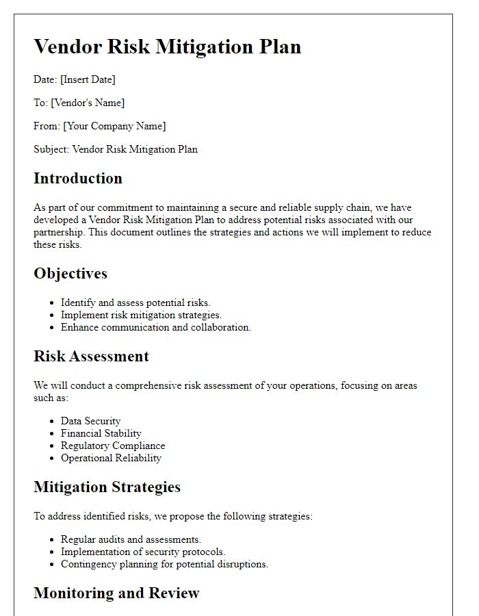 Letter template of vendor risk mitigation plan